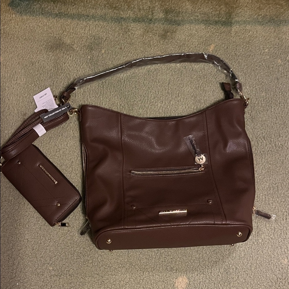 Chic Brown Leather Hobo Bag with Wallet NWT